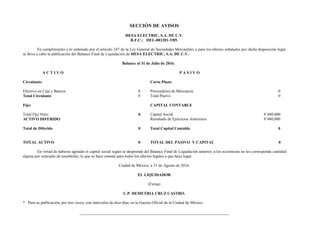 SECCIÓN DE AVISOS
HESA ELECTRIC, S.A. DE C.V.
R.F.C.: HEL-081201-TB5.
En cumplimiento a lo ordenado por el artículo 247 de la Ley General de Sociedades Mercantiles y para los efectos señalados por dicha disposición legal,
se lleva a cabo la publicación del Balance Final de Liquidación de HESA ELECTRIC, S.A. DE C.V.:
Balance al 31 de Julio de 2016.
A C T I V O P A S I V O
Circulante: CCorto Plazo:
Efectivo en Caja y Bancos 0 Proveedores de Mercancía 0
Total Circulante 0 Total Pasivo 0
Fijo: CAPITAL CONTABLE
Total Fijo Neto: 0 Capital Social 8’480,000
ACTIVO DIFERIDO Resultado de Ejercicios Anteriores 8’480,000
Total de Diferido 0 Total Capital Contable 0
TOTAL ACTIVO 0 TOTAL DEL PASIVO Y CAPITAL 0
En virtud de haberse agotado el capital social según se desprende del Balance Final de Liquidación anterior, a los accionistas no les corresponde cantidad
alguna por concepto de reembolso, lo que se hace constar para todos los efectos legales a que haya lugar.
Ciudad de México, a 31 de Agosto de 2016.
EL LIQUIDADOR
(Firma)
C.P. DEMETRIA CRUZ CASTRO.
* Para su publicación, por tres veces, con intervalos de diez días, en la Gaceta Oficial de la Ciudad de México.
 