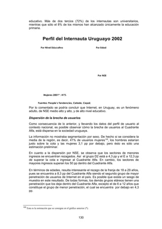 educativo. Más de dos tercios (72%) de los internautas son universitarios,
        mientras que sólo el 8% de los mismos han alcanzado únicamente la educación
        primaria.


                      Perfil del Internauta Uruguayo 2002
                    Por Nivel Educativo                                   Por Edad




                                                                           Por NSE




                       Mujeres 2001* : 41%


                 Fuentes: People’s Tendencies, Celade, Cepal.

        Por lo comentado se podría concluir que Internet, en Uruguay, es un fenómeno
        adulto, de NSE medio alto y alto, y de alto nivel educativo.

        Dispersión de la brecha de usuarios
        Como consecuencia de lo anterior, y llevando los datos del perfil de usuario al
        contexto nacional, es posible observar cómo la brecha de usuarios al Cuadrante
        Alfa, está dispersa en la sociedad uruguaya.
        La información no mostraba segmentación por sexo. De hecho si se considera la
        media de la región, es decir, 41% de usuarios mujeres 105, los hombres estarían
        justo sobre la cota y las mujeres 3,1 pp por debajo, pero ésto es sólo una
        estimación preliminar.
        En cuanto a la dispersión por NSE, se observa que los sectores de menores
        ingresos se encuentran rezagados. Así el grupo D2 está a 4,3 pp y el E a 12,3 pp
        de superar la cota e ingresar al Cuadrante Alfa. En cambio, los sectores de
        mayores ingresos superan los 50 pp dentro del Cuadrante Alfa.

        En términos de edades, resulta interesante el rezago de la franja de 18 a 29 años,
        pues se encuentra a 8,3 pp del Cuadrante Alfa siendo el segundo grupo de mayor
        penetración de usuarios de Internet en el país. Es posible que exista un sesgo de
        muestra en este resultado. De todas formas, los demás grupos etáreos tienen una
        penetración que los deja dentro del Cuadrante Alfa, excepto el de 6 a 12 años que
        constituye el grupo de menor penetración, el cual se encuentra por debajo en 4,3
        pp.




105
      Esta es la estimación que se consigna en el gráfico anterior (*).


                                                            130
 