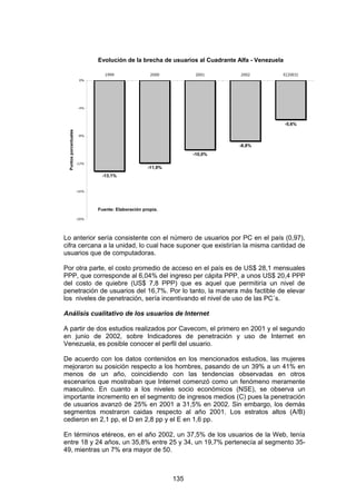 Evolución de la brecha de usuarios al Cuadrante Alfa - Venezuela

                                 1999                2000           2001       2002          E[2003]
                        0%




                       -4%




                                                                                                 -5,6%
 Puntos porcentuales




                       -8%


                                                                              -8,8%
                                                                   -10,0%

                       -12%
                                                    -11,9%
                               -13,1%


                       -16%




                              Fuente: Elaboración propia.

                       -20%




Lo anterior sería consistente con el número de usuarios por PC en el país (0,97),
cifra cercana a la unidad, lo cual hace suponer que existirían la misma cantidad de
usuarios que de computadoras.

Por otra parte, el costo promedio de acceso en el país es de US$ 28,1 mensuales
PPP, que corresponde al 6,04% del ingreso per cápita PPP, a unos US$ 20,4 PPP
del costo de quiebre (US$ 7,8 PPP) que es aquel que permitiría un nivel de
penetración de usuarios del 16,7%. Por lo tanto, la manera más factible de elevar
los niveles de penetración, sería incentivando el nivel de uso de las PC´s.

Análisis cualitativo de los usuarios de Internet

A partir de dos estudios realizados por Cavecom, el primero en 2001 y el segundo
en junio de 2002, sobre Indicadores de penetración y uso de Internet en
Venezuela, es posible conocer el perfil del usuario.

De acuerdo con los datos contenidos en los mencionados estudios, las mujeres
mejoraron su posición respecto a los hombres, pasando de un 39% a un 41% en
menos de un año, coincidiendo con las tendencias observadas en otros
escenarios que mostraban que Internet comenzó como un fenómeno meramente
masculino. En cuanto a los niveles socio económicos (NSE), se observa un
importante incremento en el segmento de ingresos medios (C) pues la penetración
de usuarios avanzó de 25% en 2001 a 31,5% en 2002. Sin embargo, los demás
segmentos mostraron caidas respecto al año 2001. Los estratos altos (A/B)
cedieron en 2,1 pp, el D en 2,8 pp y el E en 1,6 pp.

En términos etéreos, en el año 2002, un 37,5% de los usuarios de la Web, tenía
entre 18 y 24 años, un 35,8% entre 25 y 34, un 19,7% pertenecía al segmento 35-
49, mientras un 7% era mayor de 50.



                                                             135
 