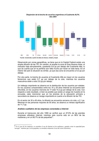 Dispersión de la brecha de usuarios argentinos al Cuadrante ALFA.
                                               Año 2001

         21,1%




                                     14,6%




                                                                                                         6,3%




                                                                                                                  - 2,1%
                   -4,3%
                                                                        -5,8%


                                                          - 9,3%                  -8,7%
                                               -9,6%
                                                                                                                           -11,7%

                                                                                              -14,2%
                            -15,0%



          ABC1     C2C3       DE     B Aires   Gr an BA   I nt erior   Hom bres   Muj eres   < 17 años   18- 29   30-49     > 50


         Fuente: Construido a partir de datos de Aresco, Celade y Cepal.


     Observando por zonas geográficas, se tiene que en la Capital Federal existe una
     amplia difusión de las TIC; en cambio, al ampliar la zona al Gran Buenos Aires, el
     indicador baja abruptamente, quedando 9,6 pp por debajo del Cuadrante Alfa, lo
     que da cuenta que en la periferia aún falta mucho por hacer en este tema. En el
     interior del país la situación es similar, ya que esa zona se encuentra a 9,3 pp por
     debajo.

     Por otra parte, la brecha de usuarios al Cuadrante Alfa es mayor en los usuarios
     femeninos que están 8,7 pp por debajo de la cota, mientras los usuarios
     masculinos están a sólo 5,8 pp por debajo.

     Un hallazgo importante se observa en la distribución de los usuarios por edades.
     En los usuarios comprendidos entre los 18 y 29 años Internet se encuentra bien
     difundida, en los usuarios menores de 17 está 14,2 pp por debajo de la cota. Con
     respecto a este resultado, si bien es posible que exista un sesgo de muestra en la
     encuesta, cabe mencionar que en los jóvenes de la educación primaria y
     secundaria se observa un rezago importante en cuanto a la difusión de las TIC.

     En el sector de 30 a 49 años, la difusión se encuentra cercana a la cota, a 2,1 pp.
     Mientras en las personas mayores de 50 años, se observa un retraso significativo
     de 11,7 pp.

     Análisis cualitativo de las empresas conectadas a Internet

     Durante el transcurso del año 1999 se verificó que un 97,6% de las grandes
     empresas utilizaban Internet, mientras esto ocurría sólo en un 86% de las
     medianas y en un 68,7% de las pequeñas43.



43
   En el caso de las empresas, se considera el uso de Internet en las medianas y grandes como la capacidad para
“navegar” mientras que, en las pequeñas, se considera solamente el uso del correo electrónico.


                                                          54
 