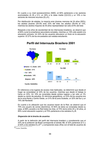 En cuanto a su nivel socioeconómico (NSE), el 60% pertenecía a los sectores
        acomodados (A /B y C1), un 30% a la clase media (C2-C3) y un 10% a los
        sectores de menores recursos (D y E).

        Por distribución de edades, la mayoría eran jóvenes menores de 24 años (56%),
        los adultos jóvenes (25-34) eran 23% del total, los adultos (35-44) el 13%,
        mientras los adultos mayores de 45 años representaban tan sólo el 8% del total.

        Respecto a los años de escolaridad de los internautas brasileros, se observó que
        el 60% cursó la enseñanza secundaria completa, mientras un 16% sólo asistió a la
        educación primaria. Un 24% de los usuarios obtuvieron un título en la educación
        superior. El 27% de los encuestados aún estaba estudiando.


                      Perfil del Internauta Brasilero 2001
                          Por Zona                           Por Edad

                                             56%




                                                       23%
                                                                               8%
                                                                        13%

                                            14 - 24   25 - 34        35 - 44   > 45

                    Norte + C_Oeste : 23%
                                                                Por NSE
                    Sudeste : 31%

                    Sur : 32%                 60%

                    Nordeste : 14%
                                                        30%
                                                                          7%
                                                                                3%
                   Mujeres : 42%
                                             A/B-C1    C2 - C3            D      E

                   Fuente: Datafolha



        En referencia a los lugares de acceso más habituales, se determinó que desde el
        hogar se conectaban el 32% de los usuarios, mientras que desde el trabajo lo
        hacía un 23%. Un 18% se conectaba desde ambos lugares y tan sólo un 3%
        desde su centro de estudios. En términos geográficos, un 23% de los usuarios era
        de la zona Norte y Centro Oeste, un 31% de la zona Sudeste, un 32% del Sur y un
        14% del Nordeste

        En cuanto a la utilización que los usuarios hacen de la Red, se observó que el
        70% era usuario de correo electrónico. El 82% de éstos se conectaba desde su
        casa, el 88% accedía a la Red todos los días, el 74% tenía entre 25 y 34 años, el
        85% cursó educación superior y el 75% pertenecía a los estratos A y B.

        Dispersión de la brecha de usuarios

        A partir de la definición del perfil del internauta brasilero y considerando que el
        22% de la población de Brasil corresponde al estrato AB, el 32% pertenece al C y
        el 42% a los estratos D y E59, y comparando esas cifras con el total de usuarios de
59
     Fuente: Datafolha.


                                              68
 