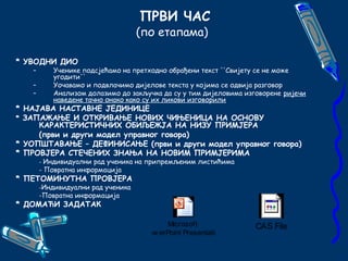 ПРВИ ЧАС 
(по етапама) 
* УВОДНИ ДИО 
– Ученике подсјећамо на претходно обрађени текст ''Свијету се не може 
угодити'' 
– Уочавамо и подвлачимо дијелове текста у којима се одвија разговор 
– Анализом долазимо до закључка да су у тим дијеловима изговорене ријечи 
наведене тачно онако како су их ликови изговорили 
* НАЈАВА НАСТАВНЕ ЈЕДИНИЦЕ 
* ЗАПАЖАЊЕ И ОТКРИВАЊЕ НОВИХ ЧИЊЕНИЦА НА ОСНОВУ 
КАРАКТЕРИСТИЧНИХ ОБИЉЕЖЈА НА НИЗУ ПРИМЈЕРА 
(први и други модел управног говора) 
* УОПШТАВАЊЕ – ДЕФИНИСАЊЕ (први и други модел управног говора) 
* ПРОВЈЕРА СТЕЧЕНИХ ЗНАЊА НА НОВИМ ПРИМЈЕРИМА 
- Индивидуални рад ученика на припремљеним листићима 
- Повратна информација 
* ПЕТОМИНУТНА ПРОВЈЕРА 
-Индивидуални рад ученика 
-Повратна информација 
* ДОМАЋИ ЗАДАТАК 
Microsoft 
Pow erPoint Presentation 
CAS File 
 