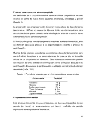 Extensor para su uso con semen congelado
Los extensores de la criopreservación de semen equino se componen de mezclas
diversas de yema de huevo, leche, azúcares, electrolitos, antibióticos y glicerol
(Cuadro 1).

La preparación para criopreservación de semen implica el uso de dos extensores
(Varner et al., 1987) en un proceso de diluyente doble: un extender primario para
una dilución inicial que es utilizado en la centrifugación antes de la adición de un
extender secundario para la congelación

La función principal de un extender primario no solo es mantener la movilidad, sino
que también actúa para proteger a los espermatozoides durante el proceso de
centrifugación.

Muchos de los extender secundarios son similares a los extender primarios pero
con la finalidad de proteger a los espermatozoides del golpe de frío, por lo cual la
adición de un crioprotector es necesaria. Estos extensores secundarios pueden
ser utilizados de forma aislada sin centrifugación previa, o utilizados después de la
centrifugación. Después de la centrifugación es utilizado normalmente el extensor
secundario (Heffe, 1993)

    Cuadro 1. Formula de extender para la criopreservación de semen equino.

                        Componente                Cantidad

                    Sacarosa                        7.0 g
                    Glucosa                         0.9 g
                    Leche descremada                2.4 g
                    Yema de huevo                  4.0 ml
                    Glicerol                       3.5 ml
                    Agua destilada                 100 ml

Criopreservación de semen

Este proceso detiene los procesos metabólicos de los espermatozoides, lo que
permite (en teoría) el almacenamiento por tiempo indefinido sin pérdida
significativa de la capacidad de fertilización.


                                                                                  10
 