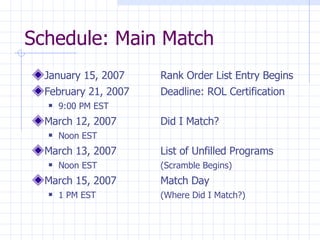 Schedule: Main Match January 15, 2007 Rank Order List Entry Begins February 21, 2007 Deadline: ROL Certification 9:00 PM EST March 12, 2007  Did I Match? Noon EST March 13, 2007 List of Unfilled Programs Noon EST (Scramble Begins) March 15, 2007  Match Day 1 PM EST (Where Did I Match?) 