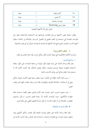 17
85‫رامية‬ ‫ا‬‫ري‬‫كام‬6‫جيدة‬
88‫تصوير‬ ‫آلة‬6‫جيدة‬
82‫متعددة‬ ‫ماوسات‬65‫جيدة‬
82‫لويي‬ ‫جهاز‬Samsung5‫جيدة‬
‫رام‬ ‫جدول‬(4)‫التعليمية‬ ‫األجهزة‬.
‫املعلمات‬ ‫ابل‬ ‫من‬ ‫األجهزة‬ ‫بعض‬ ‫استعارة‬ ‫كن‬ ‫و‬‫وإرجاعها‬‫االستخدام‬ ‫بعد‬,‫منها‬ ‫االستفادة‬‫و‬‫مثل‬
‫اليت‬ ‫املتعددة‬ ‫املاوسات‬,‫اسية‬‫ر‬‫الد‬ ‫الفصول‬ ‫يف‬ ‫التعاوين‬ ‫التعلم‬ ‫يف‬ ‫تستخدم‬‫باإلضافة‬‫إىل‬‫إ‬‫استعارة‬ ‫مكانية‬
‫األ‬ ‫هذ‬ ‫كيع‬ ‫وتتاح‬ ,‫اللويية‬ ‫احلاسب‬ ‫أجهزة‬‫الستخدام‬ ‫جهزة‬‫املستفيدات‬‫وات‬ ‫أي‬ ‫يف‬ ‫كز‬‫للمر‬‫حيتاج‬‫وهنا‬.
‫النظم‬‫اإللكترونية‬:
‫لألنظ‬ ‫وبالنسبة‬‫اإل‬ ‫مة‬‫اليت‬ ‫لكرتونية‬‫بوعمال‬ ‫تب‬‫ر‬‫ت‬‫ا‬‫كز‬‫ملر‬‫مباشر‬ ‫بشكل‬,‫ف‬‫إ‬‫نظامني‬ ‫هناك‬‫كز‬‫املر‬ ‫يف‬:
1-‫اليسير‬ ‫برنامج‬:
‫عل‬ ‫األمينة‬ ‫يساعد‬ ‫نظام‬ ‫وهو‬‫إدارة‬‫اليومية‬ ‫كز‬‫املر‬ ‫شؤو‬,‫كز‬‫املر‬ ‫عل‬ ‫املرتددات‬ ‫متابعة‬ ‫من‬‫ونظام‬
‫وغريها‬ ‫الفهرسة‬‫و‬ ‫االستعارة‬(‫اليقا‬ ‫مفصل‬ ‫بشكل‬ ‫توضيحه‬ ‫وسيتم‬),‫ال‬ ‫أهنا‬ ‫األمينة‬ ‫ذكرت‬ ‫واد‬
‫لألسبا‬ ‫وذلك‬ ‫كبري‬‫بشكل‬ ‫النظام‬ ‫هذا‬ ‫تستخدم‬‫التالية‬ ‫ب‬:
-‫كلة‬‫املو‬ ‫األعباء‬ ‫كثرة‬ ‫بسبب‬‫إىل‬‫بشكل‬ ‫اليومية‬ ‫األعمال‬ ‫توثيق‬ ‫منها‬ ‫يتطلب‬ ‫ييث‬ ,‫األمينة‬
‫السجالت‬ ‫يف‬ ‫وراي‬,‫باإلضافة‬‫ب‬ ‫امها‬‫ز‬‫إلل‬‫ووات‬ ‫كبري‬‫هود‬ ‫يتطلب‬ ‫وهذا‬ ‫اليسري‬ ‫نظام‬ ‫يف‬ ‫توثيقها‬
‫طويل‬.
-‫ن‬ ‫استخدام‬ ‫بكيفية‬ ‫يتعلق‬ ‫الذي‬‫و‬ ‫األمينة‬ ‫عليه‬ ‫يصلت‬ ‫الذي‬ ‫يب‬‫ر‬‫التد‬ ‫جدوى‬ ‫عدم‬‫ظام‬
‫بو‬ ‫األمينة‬ ‫أوضحت‬ ‫ييث‬ ,‫اإللكرتوين‬ ‫الفهرسة‬‫جودة‬‫حمتوى‬‫يب‬‫ر‬‫التد‬‫باملستوى‬ ‫يكن‬ ‫مل‬
‫املطلوب‬,‫باإلضافة‬‫إىل‬‫اليسري‬ ‫نظام‬ ‫عل‬ ‫الفعلي‬ ‫للتطبيق‬ ‫مناسبا‬ ‫يكن‬ ‫مل‬ ‫له‬ ‫احملدد‬ ‫الوات‬ ‫أ‬.
2-‫الصفية‬ ‫الزيارات‬ ‫نظام‬:
‫الص‬ ‫ات‬‫ر‬‫يا‬‫ز‬‫ال‬ ‫تنظيم‬ ‫عل‬ ‫األمينة‬ ‫يساعد‬ ‫نظام‬ ‫وهو‬‫املصادر‬ ‫كز‬‫ملر‬ ‫فية‬‫بشكل‬‫الكرتوين‬‫ومر‬
‫األمينة‬ ‫أشارت‬ ‫واد‬ ,‫املصادر‬ ‫كز‬‫مر‬ ‫باستخدام‬ ‫اغبات‬‫ر‬‫ال‬ ‫املعلمات‬ ‫مع‬ ‫ات‬‫ر‬‫يا‬‫ز‬‫لل‬ ‫جدول‬ ‫وتنظيم‬‫إىل‬
 