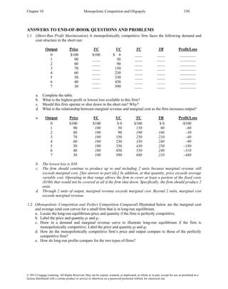 Chapter 10 Monopolistic Competition and Oligopoly 150
© 2012 Cengage Learning. All Rights Reserved. May not be copied, scanned, or duplicated, in whole or in part, except for use as permitted in a
license distributed with a certain product or service or otherwise on a password-protected website for classroom use.
ANSWERS TO END-OF-BOOK QUESTIONS AND PROBLEMS
1.1 (Short-Run Profit Maximization) A monopolistically competitive firm faces the following demand and
cost structure in the short run:
Output Price FC VC TC TR Profit/Loss
0 $100 $100 $ 0 ____ ____ ________
1 90 ____ 50 ____ ____ ________
2 80 ____ 90 ____ ____ ________
3 70 ____ 150 ____ ____ ________
4 60 ____ 230 ____ ____ ________
5 50 ____ 330 ____ ____ ________
6 40 ____ 450 ____ ____ ________
7 30 ____ 590 ____ ____ ________
a. Complete the table.
b. What is the highest profit or lowest loss available to this firm?
c. Should this firm operate or shut down in the short run? Why?
d. What is the relationship between marginal revenue and marginal cost as the firm increases output?
a. Output Price FC VC TC TR Profit/Loss
0 $100 $100 $ 0 $100 $ 0 -$100
1 90 100 50 150 90 –60
2 80 100 90 190 160 –30
3 70 100 150 250 210 –40
4 60 100 230 330 240 –90
5 50 100 330 430 250 –180
6 40 100 450 550 240 –310
7 30 100 590 690 210 –480
b. The lowest loss is $30.
c. The firm should continue to produce up to and including 2 units because marginal revenue still
exceeds marginal cost. [See answer to part (d).] In addition, at that quantity, price exceeds average
variable cost. Operating in that range allows the firm to cover at least a portion of the fixed costs
($100) that would not be covered at all if the firm shut down. Specifically, the firm should produce 2
units.
d. Through 2 units of output, marginal revenue exceeds marginal cost. Beyond 2 units, marginal cost
exceeds marginal revenue.
1.2 (Monopolistic Competition and Perfect Competition Compared) Illustrated below are the marginal cost
and average total cost curves for a small firm that is in long-run equilibrium.
a. Locate the long-run equilibrium price and quantity if the firm is perfectly competitive.
b. Label the price and quantity p1 and q1.
c. Draw in a demand and marginal revenue curve to illustrate long-run equilibrium if the firm is
monopolistically competitive. Label the price and quantity p2 and q2.
d. How do the monopolistically competitive firm’s price and output compare to those of the perfectly
competitive firm?
e. How do long-run profits compare for the two types of firms?
 