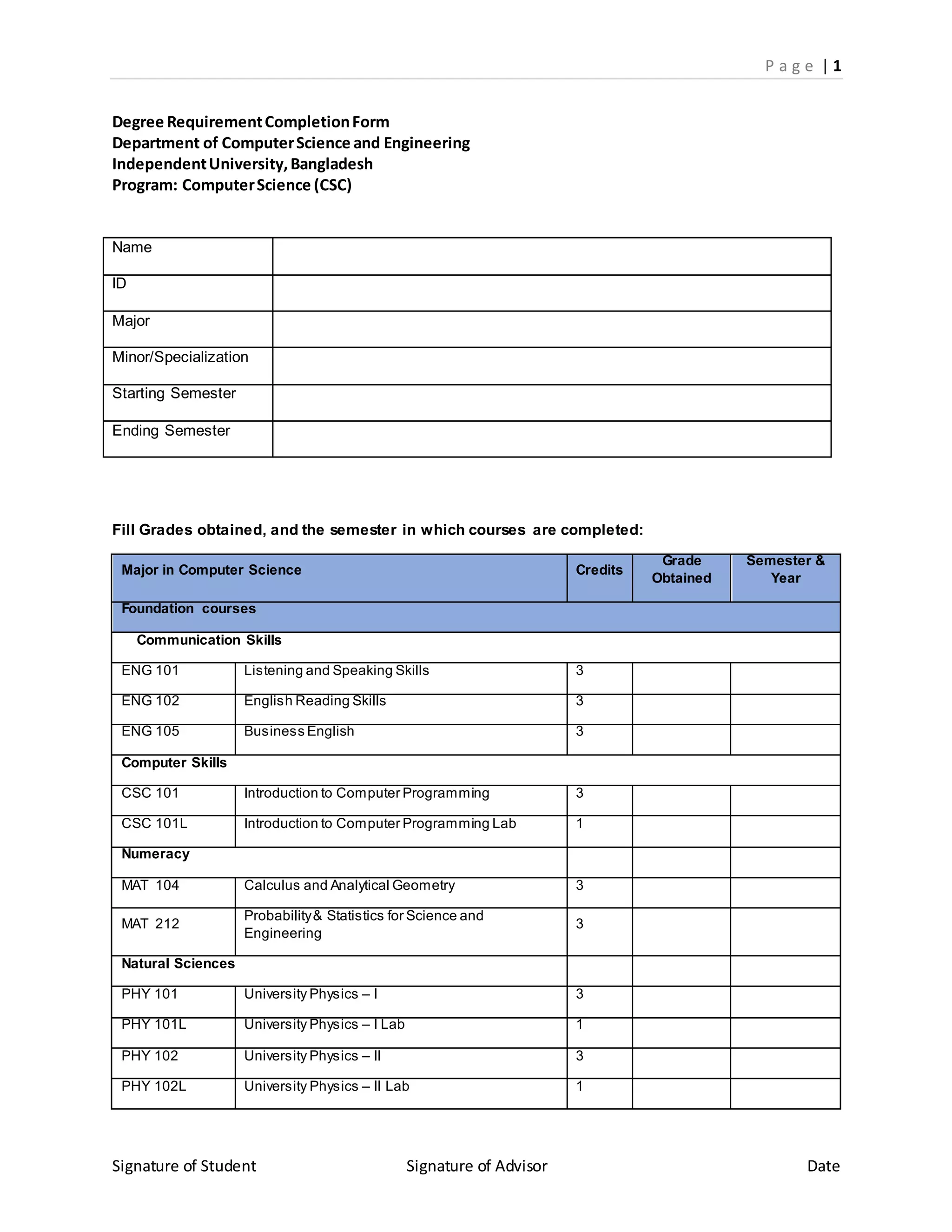 degree requirement completion form csc | DOCX