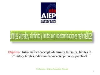 Objetivo : Introducir el concepto de límites laterales, limites al
infinito y límites indeterminados con ejercicios prácticos
1
Profesora: María Soledad Pavez
 