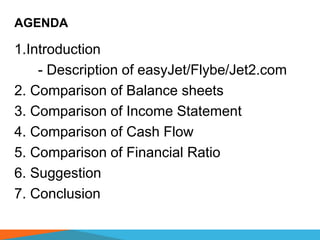 AGENDA
1.Introduction
- Description of easyJet/Flybe/Jet2.com
2. Comparison of Balance sheets
3. Comparison of Income Statement
4. Comparison of Cash Flow
5. Comparison of Financial Ratio
6. Suggestion
7. Conclusion
 