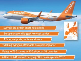 Europe’s second largest low-cost carrier
22-year-old British short-haul airline
Primary airports, routes and slots
“Making flying as affordable as a pair of jeans”
Flying to 735 routes to 136 airports, 31 counties
A fleet of 241 aircraft carrying 68m passengers in 2015
 