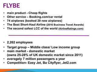 • main product - Cheap flights
• Other service – Booking.com/car rental
• 74 airplanes (booked 20 new airplanes)
• The Best Short-Haul Airline (2016 Business Travel Awards)
• The second safest LCC of the world (AirlineRatings.com)
FLYBE
• 2,262 employees
• Target group – Middle class/ Low income group
• main market - domestic market
(owns 25-28% of UK domestic market since 2011)
• averagely 7 million passengers a year
• Competition- Easy Jet, Ba Cityflyer, Jet2.com
 