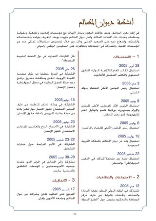 116
rUE*‫ا‬ ‫ان‬u‫د‬ WDA‫أ‬
‫اﻻﺳﺘﻘﺒﺎﻻت‬ – 1
2005 ‫أﺑﺮﻳﻞ‬ 28
‫ﻟﻠﻘﺎﻧﻮن‬ ‫اﻟﺪوﻟﻴﺔ‬ ‫ﻟﻸﻛﺎدﳝﻴﺔ‬ ‫اﻟﻌﺎم‬ ‫اﻟﻜﺎﺗﺐ‬ ‫اﺳﺘﻘﺒﺎل‬
.‫ﻟﻸﻛﺎدﳝﻴﺔ‬ ‫اﻟﺘﻨﻔﻴﺬي‬ ‫واﻟﻜﺎﺗﺐ‬ ‫اﻟﺪﺳﺘﻮري‬
2005 ‫ﻣﺎي‬ 3
‫ﺑﺪوﻟﺔ‬ ‫ﻟﻠﻘﻀﺎء‬ ‫اﻷﻋﻠﻰ‬ ‫اﳌﺠﻠﺲ‬ ‫رﺋﻴﺲ‬ ‫اﺳﺘﻘﺒﺎل‬
.‫اﻟﺸﻴﻠﻲ‬
2005 ‫ﻳﻮﻧﻴﻮ‬ 8
‫ﻟﻠﻨﻘﺾ‬ ‫اﻷﻋﻠﻰ‬ ‫ﻟﻠﻤﺠﻠﺲ‬ ‫اﻷول‬ ‫اﻟﺮﺋﻴﺲ‬ ‫اﺳﺘﻘﺒﺎل‬
‫اﻟﻌﺎم‬ ‫واﻟﻮﻛﻴﻞ‬ ‫ﻓﺎﺻﻮ‬ ‫ﺑﻮرﻛﻴﻨﺎ‬ ‫ﺑﺠﻤﻬﻮرﻳﺔ‬ ‫واﻹﺑﺮام‬
.‫اﳌﺠﻠﺲ‬ ‫ﻧﻔﺲ‬ ‫ﻟﺪى‬ ‫ﻟﻠﺠﻬﻤﻮرﻳﺔ‬
2005 ‫ﻳﻮﻟﻴﻮز‬ 6
.‫ﺑﺎﻷرﺟﻨﺘﲔ‬ ‫ﻟﻠﻘﻀﺎء‬ ‫اﻷﻋﻠﻰ‬ ‫اﳌﺠﻠﺲ‬ ‫رﺋﻴﺲ‬ ‫اﺳﺘﻘﺒﺎل‬
2005 ‫ﻳﻮﻟﻴﻮز‬ 12
‫اﻟﻌﺮﺑﻴﺔ‬ ‫ﺑﺎﳌﻤﻠﻜﺔ‬ ‫اﳌﻈﺎﻟﻢ‬ ‫دﻳﻮان‬ ‫ﻋﻦ‬ ‫وﻓﺪ‬ ‫اﺳﺘﻘﺒﺎل‬
.‫اﻟﺴﻌﻮدﻳﺔ‬
2005 ‫ﺷﺘﻨﺒﺮ‬ 22
‫اﻟﺘﻐﻴﻴﺮ‬ ‫ﻓﻲ‬ ‫ﻣﻨﻈﻤﺔﺷﺮﻛﺎء‬ ‫ﻋﻦ‬ ‫ﳑﺜﻠﺔ‬ ‫اﺳﺘﻘﺒﺎل‬
.‫ﺑﻮاﺷﻨﻄﻦ‬ ‫اﻟﺪﳝﻮﻗﺮاﻃﻲ‬
‫واﻟﺘﻈﺎﻫﺮات‬ ‫اﻻﺟﺘﻤﺎﻋﺎت‬ - 2
2005 ‫ﻣﺎي‬ 12
‫اﻟﺘﺠﺎرة‬ ‫ﺑﻐﺮﻓﺔ‬ ‫اﳌﻨﻈﻢ‬ ‫اﻟﺪوﻟﻲ‬ ‫اﻟﻠﻘﺎء‬ ‫ﻓﻲ‬ ‫اﳌﺸﺎرﻛﺔ‬
‫ﻣﺮﻛﺰ‬ ‫ﻃﺮف‬ ‫ﻣﻦ‬ ‫ﺑﺎﻟﺮﺑﺎط‬ ‫واﳋﺪﻣﺎت‬ ‫واﻟﺼﻨﺎﻋﺔ‬
‫اﻟﺒﺪﻳﻠﺔ‬ ‫»اﻟﻄﺮق‬ ‫ﺣﻮل‬ ،‫ﺑﺒﺎرﻳﺲ‬ ‫واﻟﺘﺤﻜﻴﻢ‬ ‫اﻟﻮﺳﺎﻃﺔ‬
‫اﳉﻨﻮﺑﻴﺔ‬ ‫اﻟﻀﻔﺔ‬ ‫دول‬ ‫ﻓﻲ‬ ‫اﻟﺘﺠﺎرﻳﺔ‬ ‫اﳌﻨﺎزﻋﺎت‬ ‫ﳊﻞ‬
.«‫اﳌﺘﻮﺳﻄﺔ‬
2005 ‫ﻣﺎي‬ 26
‫ﻣﻨﺪوﺑﻴﺔ‬ ‫ﻃﺮف‬ ‫ﻣﻦ‬ ‫اﳌﻨﻈﻤﺔ‬ ‫اﻟﻨﺪوة‬ ‫ﻓﻲ‬ ‫اﳌﺸﺎرﻛﺔ‬
‫ﺑﺮﻧﺎﻣﺞ‬ ‫ﻣﺸﺮوع‬ ‫وﻣﻨﺎﻗﺸﺔ‬ ‫ﻟﺘﻘﺪﱘ‬ ،‫اﻷوروﺑﻴﺔ‬ ‫اﻟﻠﺠﻨﺔ‬
‫اﻟﺪﳝﻮﻗﺮاﻃﻴﺔ‬ ‫ﻣﺠﺎل‬ ‫ﻓﻲ‬ ‫اﻟﻮﻃﻨﻴﺔ‬ ‫اﻟﻌﻤﻞ‬ ‫ﺧﻄﺔ‬ ‫دﻋﻢ‬
.‫اﻹﻧﺴﺎن‬ ‫وﺣﻘﻮق‬
2005‫ﻳﻮﻟﻴﻮز‬ 15
‫ﻃﺮف‬ ‫ﻣﻦ‬ ‫اﳌﻨﻈﻤﺔ‬ ‫ﺗﺸﺎور‬ ‫ورﺷﺔ‬ ‫ﻓﻲ‬ ‫اﳌﺸﺎرﻛﺔ‬
‫ﺑﻼدﻧﺎ‬ ‫ﲤﻜﲔ‬ ‫ﺣﻮل‬ ‫اﻻﻧﺴﺎن‬ ‫ﳊﻘﻮق‬ ‫اﻻﺳﺘﺸﺎري‬ ‫اﳌﺠﻠﺲ‬
.‫اﻹﻧﺴﺎن‬ ‫ﺣﻘﻮق‬ ‫ﺑﺜﻘﺎﻓﺔ‬ ‫ﻟﻠﻨﻬﻮض‬ ‫وﻃﻨﻴﺔ‬ ‫ﺧﻄﺔ‬ ‫ﻣﻦ‬
2005 ‫ﻳﻮﻟﻴﻮز‬ 23
‫ﻟﻠﻤﺠﻠﺲ‬ ‫واﻟﻌﺸﺮﻳﻦ‬ ‫اﻟﺮاﺑﻊ‬ ‫اﻻﺟﺘﻤﺎع‬ ‫ﻓﻲ‬ ‫اﳌﺸﺎرﻛﺔ‬
.‫اﻹﻧﺴﺎن‬ ‫ﳊﻘﻮق‬ ‫اﻻﺳﺘﺸﺎري‬
2005 ‫ﺷﺘﻨﺒﺮ‬ 23-22
‫ﻣﺒﺎدرات‬ ‫ﺣﻮل‬ ‫اﻟﺪراﺳﺔ‬ ‫اﻷﻳﺎم‬ ‫ﻓﻲ‬ ‫اﳌﺸﺎرﻛﺔ‬
.‫اﻟﺘﺸﻐﻴﻞ‬
2005 ‫ﻧﻮﻧﺒﺮ‬ 30-28
‫ﻋﻘﺪﺗﻪ‬ ‫اﻟﺬي‬ ‫اﳌﺆﲤﺮ‬ ‫ﻓﻲ‬ ‫اﳌﻈﺎﻟﻢ‬ ‫واﻟﻲ‬ ‫ﻣﺸﺎرﻛﺔ‬
‫اﻟﻨﺎﻃﻘﲔ‬ ‫اﻟﻮﺳﻄﺎء‬ ‫و‬ ‫اﻷﻣﺒﻮدﺳﻤﺎﻧﻴﲔ‬ ‫ﺟﻤﻌﻴﺔ‬
.‫ﺑﺒﺎرﻳﺲ‬ ‫ﺑﺎﻟﻔﺮﻧﺴﻴﺔ‬
‫اﻻﺗﻔﺎﻗﻴﺎت‬ - 3
2005 ‫ﺷﺘﻨﺒﺮ‬ 17
‫دﻳﻮان‬ ‫ﺑﲔ‬ ‫وﺷﺮاﻛﺔ‬ ‫ﺗﻌﺎون‬ ‫اﺗﻔﺎﻗﻴﺔ‬ ‫ﻋﻠﻰ‬ ‫اﻟﺘﻮﻗﻴﻊ‬
.‫ﺑﺈﻓﺮان‬ ‫اﻷﺧﻮﻳﻦ‬ ‫وﺟﺎﻣﻌﺔ‬ ‫اﳌﻈﺎﻟﻢ‬
‫وﺣﻘﻮﻗﻴﺔ‬ ‫وﺟﺎﻣﻌﻴﺔ‬ ‫إﻋﻼﻣﻴﺔ‬ ‫ﻣﺆﺳﺴﺎت‬ ‫ﻣﻊ‬ ‫اﳋﺒﺮات‬ ‫وﺗﺒﺎدل‬ ‫اﻟﺘﻌﺎون‬ ‫ﻋﻼﻗﺎت‬ ‫ودﻋﻢ‬ ،‫اﻟﺘﻮاﺻﻞ‬ ‫ﺗﻌﺰﻳﺰ‬ ‫إﻃﺎر‬ ‫ﻓﻲ‬
‫واﺧﺘﺼﺎﺻﺎﺗﻪ‬ ‫ﲟﻬﺎﻣﻪ‬ ‫اﻟﺘﻌﺮﻳﻒ‬ ‫ﺑﻬﺪف‬ ‫ﺟﻬﻮده‬ ‫اﳌﻈﺎﻟﻢ‬ ‫دﻳﻮان‬ ‫واﺻﻞ‬ ،‫اﳌﻤﺎﺛﻠﺔ‬ ‫اﻷﻫﺪاف‬ ‫ذات‬ ‫وﻫﻴﺌﺎت‬ ‫وﻣﻨﻈﻤﺎت‬
‫ﻣﻦ‬ ‫ﻋﺪد‬ ‫ﳌﻤﺜﻠﻲ‬ ‫اﺳﺘﻘﺒﺎﻻت‬ ‫ﺗﺨﺼﻴﺺ‬ ‫ﺧﻼل‬ ‫ﻣﻦ‬ ‫وذﻟﻚ‬ ،‫اﻟﺪوﻟﻲ‬ ‫اﻟﺼﻌﻴﺪ‬ ‫ﻋﻠﻰ‬ ‫دوره‬ ‫وإﺷﻌﺎع‬ ،‫وأﻧﺸﻄﺘﻪ‬
. ‫واﻟﺪوﻟﻲ‬ ‫اﻟﻮﻃﻨﻲ‬ ‫اﻟﺼﻌﻴﺪﻳﻦ‬ ‫ﻋﻠﻰ‬ ‫وﺗﻈﺎﻫﺮات‬ ‫اﺟﺘﻤﺎﻋﺎت‬ ‫ﻓﻲ‬ ‫واﳌﺸﺎرﻛﺔ‬ ،‫اﳌﻌﻨﻴﺔ‬ ‫اﳌﺆﺳﺴﺎت‬
 