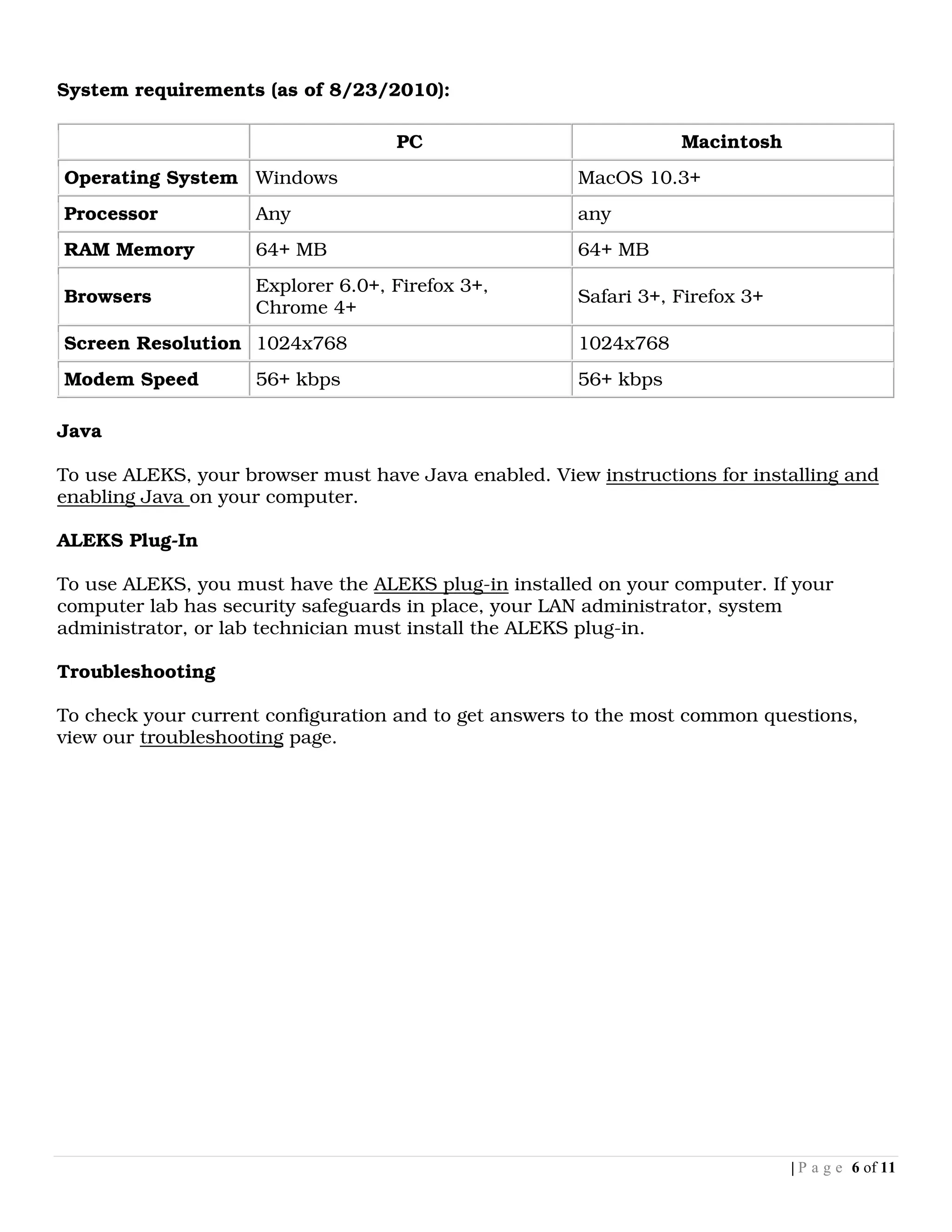System requirements (as of 8/23/2010):

                                    PC                            Macintosh
Operating System Windows                               MacOS 10.3+
Processor            Any                               any
RAM Memory           64+ MB                            64+ MB
                     Explorer 6.0+, Firefox 3+,
Browsers                                               Safari 3+, Firefox 3+
                     Chrome 4+
Screen Resolution 1024x768                             1024x768
Modem Speed          56+ kbps                          56+ kbps

Java

To use ALEKS, your browser must have Java enabled. View instructions for installing and
enabling Java on your computer.

ALEKS Plug-In

To use ALEKS, you must have the ALEKS plug-in installed on your computer. If your
computer lab has security safeguards in place, your LAN administrator, system
administrator, or lab technician must install the ALEKS plug-in.

Troubleshooting

To check your current configuration and to get answers to the most common questions,
view our troubleshooting page.




                                                                               | P a g e 6 of 11
 
