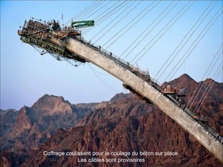 Coffrage coulissant pour le coulage du béton sur place.
Les câbles sont provisoires
 