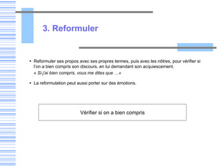 3. Reformuler
 Reformuler ses propos avec ses propres termes, puis avec les nôtres, pour vérifier si
l’on a bien compris son discours, en lui demandant son acquiescement.
« Si j’ai bien compris, vous me dites que …»
 La reformulation peut aussi porter sur des émotions.
Vérifier si on a bien compris
 