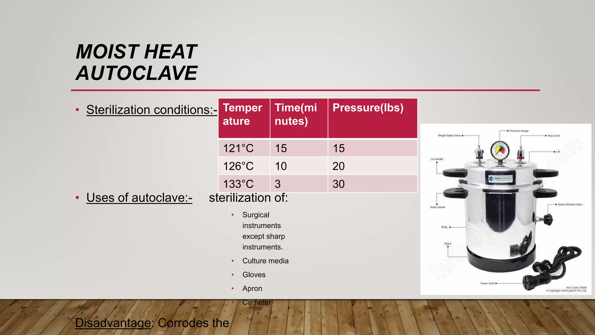 MOIST HEAT
AUTOCLAVE
• Sterilization conditions:-
• Uses of autoclave:- sterilization of:
• Surgical
instruments
except sharp
instruments.
• Culture media
• Gloves
• Apron
• Catheter
Disadvantage: Corrodes the
Temper
ature
Time(mi
nutes)
Pressure(lbs)
121°C 15 15
126°C 10 20
133°C 3 30
 