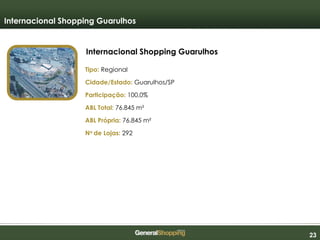 232323
Internacional Shopping Guarulhos
Tipo: Regional
Cidade/Estado: Guarulhos/SP
Participação: 100,0%
ABL Total: 76.845 m²
ABL Própria: 76.845 m²
No de Lojas: 292
Internacional Shopping Guarulhos
 