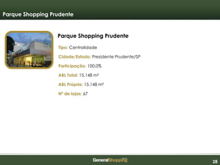 282828
Parque Shopping Prudente
Parque Shopping Prudente
Tipo: Centralidade
Cidade/Estado: Presidente Prudente/SP
Participação: 100,0%
ABL Total: 15.148 m²
ABL Própria: 15.148 m²
Nº de lojas: 67
 