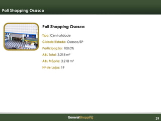 292929
Poli Shopping Osasco
Tipo: Centralidade
Cidade/Estado: Osasco/SP
Participação: 100,0%
ABL Total: 3.218 m²
ABL Própria: 3.218 m²
No de Lojas: 19
Poli Shopping Osasco
 
