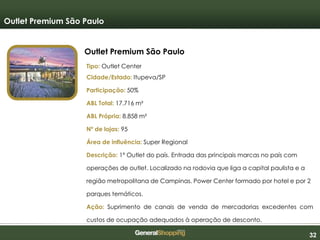323232
Outlet Premium São Paulo
Outlet Premium São Paulo
Tipo: Outlet Center
Cidade/Estado: Itupeva/SP
Participação: 50%
ABL Total: 17.716 m²
ABL Própria: 8.858 m²
Nº de lojas: 95
Área de influência: Super Regional
Descrição: 1º Outlet do país. Entrada das principais marcas no país com
operações de outlet. Localizado na rodovia que liga a capital paulista e a
região metropolitana de Campinas. Power Center formado por hotel e por 2
parques temáticos.
Ação: Suprimento de canais de venda de mercadorias excedentes com
custos de ocupação adequados à operação de desconto.
 