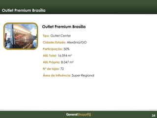 343434
Outlet Premium Brasília
Outlet Premium Brasília
Tipo: Outlet Center
Cidade/Estado: Alexânia/GO
Participação: 50%
ABL Total: 16.094 m²
ABL Própria: 8.047 m²
Nº de lojas: 72
Área de influência: Super Regional
 