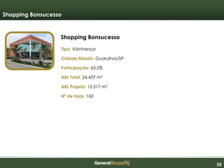 353535
Shopping Bonsucesso
Shopping Bonsucesso
Tipo: Vizinhança
Cidade/Estado: Guarulhos/SP
Participação: 63,5%
ABL Total: 24,437 m2
ABL Própria: 15.517 m2
Nº de lojas: 160
 