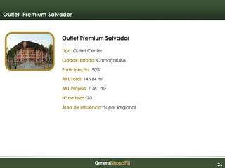 363636
Outlet Premium Salvador
Outlet Premium Salvador
Tipo: Outlet Center
Cidade/Estado: Camaçari/BA
Participação: 50%
ABL Total: 14.964 m2
ABL Própria: 7.781 m2
Nº de lojas: 70
Área de influência: Super Regional
 