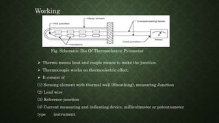 Working
Fig. Schematic Dia Of Thermoelectric Pyrometer
 Thermo means heat and couple means to make the junction.
 Thermocouple works on thermoelectric effect.
 It consist of
(1) Sensing element with thermal wall (Sheathing), measuring Junction
(2) Lead wire
(3) Reference junction
(4) Current measuring and indicating device, millivoltmeter or potentiometer
type instrument.
 