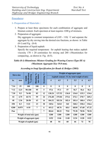 University of Technology Test No. 8
Building and Construction Eng. Department Marshall Test
Highways and Bridges Engineering Branch
46
Procedures:
1- Preparation of Materials :
1. Prepare at least three specimens for each combination of aggregate and
bitumen content. Each specimen at least requires 1200 g of mixtures.
2. Preparation of aggregate:
Dry aggregate to constant temperature of (105 - 110) P
ᵒ
PC and separate the
aggregate by dry sieving into the desired size fractions, as shown in Table
(8-1) and Fig. (8-4).
3. Preparation of liquid asphalt:
Specify the required temperature for asphalt heating that makes asphalt
viscosity 170 ± 20 centistokes for mixing and 280 ±30centistokes for
compacting , as shown in Fig. (8-5).
Table (8-1) Bituminous Mixture Grading for Wearing Course (Type III A)
(Maximum Aggregate Size 19.0 mm).
According to Iraqi Specification for Roads & Bridges (2003)
Sieve size
SORB
Specification
%
passing
Blending
%
our
choice
Retaining
%
Weight of aggregate (gm)
Asphalt cement (% by total weight of mix)
in. mm 4 4.5 5 5.5 6 6.5
3/4
" 19 100 100 0 0 0 0 0 0 0
1/2
" 12.5 90-100 95 5 57.6 57.3 57 56.7 56.4 56.1
3/8
" 9.5 76-90 83 12 138.24 137.52 136.8 136.0 135.3 134.6
#4 4.75 44-74 59 24 276.48 275.04 273.6 272.1 270.7 269.2
#8 2.36 28-58 43 16 184.32 183.36 182.4 181.4 180.4 179.5
#50 0.3 5-21 13 30 345.6 343.8 342 340.2 338.4 336.6
#200 0.075 4-10 7 6 69.12 68.76 68.4 68.04 67.68 67.32
Pan 7 80.64 80.22 79.8 79.38 78.96 78.54
Weight of total mix (gm) 1200 1200 1200 1200 1200 1200
Weight of aggregate (gm) 1152 1146 1140 1134 1128 1122
Weight of asphalt (gm) 48 54 60 66 72 78
 
