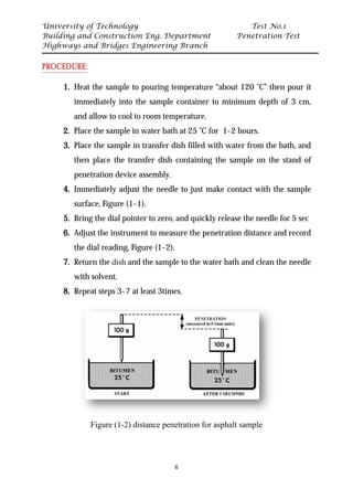 University of Technology Test No.1
Building and Construction Eng. Department Penetration Test
Highways and Bridges Engineering Branch
6
UPROCEDURE:
1. Heat the sample to pouring temperature “about 120 ˚C” then pour it
immediately into the sample container to minimum depth of 3 cm,
and allow to cool to room temperature.
2. Place the sample in water bath at 25 ˚C for 1-2 hours.
3. Place the sample in transfer dish filled with water from the bath, and
then place the transfer dish containing the sample on the stand of
penetration device assembly.
4. Immediately adjust the needle to just make contact with the sample
surface, Figure (1-1).
5. Bring the dial pointer to zero, and quickly release the needle for 5 sec
6. Adjust the instrument to measure the penetration distance and record
the dial reading, Figure (1-2).
7. Return the dish and the sample to the water bath and clean the needle
with solvent.
8. Repeat steps 3-7 at least 3times.
Figure (1-2) distance penetration for asphalt sample
 
