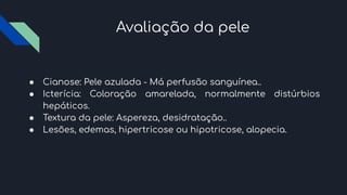Avaliação da pele
● Cianose: Pele azulada - Má perfusão sanguínea..
● Icterícia: Coloração amarelada, normalmente distúrbios
hepáticos.
● Textura da pele: Aspereza, desidratação..
● Lesões, edemas, hipertricose ou hipotricose, alopecia.
 