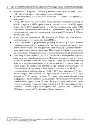 ЗВІТ ЗА РЕЗУЛЬТАТАМИ МОНІТОРИНГУ ЗДІЙСНЕННЯ ПРАВОСУДДЯ ВИЩИМ АНТИКОРУПЦІЙНИМ СУДОМ16
•	 призначено 250 судових засідань у кримінальних провадженнях, з яких:
184 – підготовчі та 66 – у порядку судового розгляду;
•	 суд закінчив розгляд 97% заяв, 95% клопотань, 81% скарг і 27% криміналь-
них справ25
;
•	 серед 2 606 клопотань переважали клопотання про тимчасовий доступ до
речей і документів (982), проведення негласних слідчих дій (624), прове-
дення обшуку (343), арешт майна (156) та скасування арешту майна (143),
клопотання щодо запобіжних заходів (95), продовження строку дії обов’яз-
ків, покладених судом (64), проведення експертизи (45), загалом 2 452 кло-
потання, або 94%;
•	 нерозглянутими залишалися 135 клопотань, або 5% від загальної кількості
клопотань, що перебували на розгляді ВАКС;
•	 слідчі судді ВАКС за результатами розгляду клопотань у 3,5 раза частіше
ухвалювали рішення про задоволення (часткове задоволення) вимог, заяв-
лених у клопотаннях, ніж інші рішення, а відмовляли у задоволенні вимог –
лише за кожним восьмим зверненням. Повернення у зв’язку із недодержан-
ням заявниками процесуальних вимог відбулося за кожним 20 клопотанням;
•	 у звітному періоді на розгляд до ВАКС надійшло 38 заяв про відвід судді та
одна заява про самовідвід доповідача. Задоволенням вимог заяв про відвід
закінчився розгляд 4 заяв про відвід судді та 1 заяви про самовідвід (13%).
Крім того, сторони кримінального провадження двічі подавали заяви про
відвід суддів, які здійснюють розгляд заяв про відвід слідчих суддів. Такі
заяви залишено без розгляду відповідно до положень ч. 4 ст. 81 КПК;
•	 середньомісячне надходження до ВАКС у 2019 році становило 959 мате-
ріалів та справ, розглядалося – 842 провадження. За цей час у ВАКС було
призначено 3 865 судових засідань, 38 з яких проведено в режимі відео-
конференції. Судові засідання відкладалися з причин неприбуття учасників
кримінального провадження 69 разів. За результатами проведення одного
судового засідання ухвалено судові рішення у 1  457 кримінальних про-
вадженнях. Частина справ та матеріалів ВАКС, розгляд яких закінчено у
2019 році, становить 83% тих, які надійшли на розгляд.
25	 Аналіз здійснення правосуддя Вищим антикорупційним судом у 2019 році (як судом першої інстанції) [Електронний
ресурс] / Режим доступу: http://bit.ly/2xgJXZ3
 