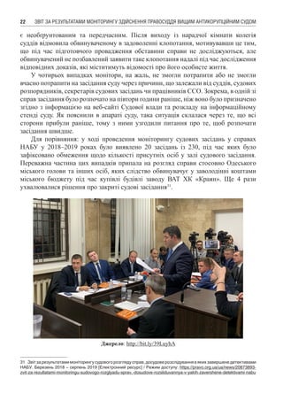 ЗВІТ ЗА РЕЗУЛЬТАТАМИ МОНІТОРИНГУ ЗДІЙСНЕННЯ ПРАВОСУДДЯ ВИЩИМ АНТИКОРУПЦІЙНИМ СУДОМ22
є необґрунтованим та передчасним. Після виходу із нарадчої кімнати колегія
суддів відмовила обвинуваченому в задоволенні клопотання, мотивувавши це тим,
що під час підготовчого провадження обставини справи не досліджуються, але
обвинувачений не позбавлений заявити таке клопотання надалі під час дослідження
відповідних доказів, які міститимуть відомості про його особисте життя.
У чотирьох випадках монітори, на жаль, не змогли потрапити або не змогли
вчасно потрапити на засідання суду через причини, що залежали від суддів, судових
розпорядників, секретарів судових засідань чи працівників ССО. Зокрема, в одній зі
справ засідання було розпочато на півтори години раніше, ніж воно було призначено
згідно з інформацією на веб-сайті Судової влади та розкладу на інформаційному
стенді суду. Як пояснили в апараті суду, така ситуація склалася через те, що всі
сторони прибули раніше, тому з ними узгодили питання про те, щоб розпочати
засідання швидше.
Для порівняння: у ході проведення моніторингу судових засідань у справах
НАБУ у 2018–2019 роках було виявлено 20 засідань із 230, під час яких було
зафіксовано обмеження щодо кількості присутніх осіб у залі судового засідання.
Переважна частина цих випадків припала на розгляд справи стосовно Одеського
міського голови та інших осіб, яких слідство обвинувачує у заволодінні коштами
міського бюджету під час купівлі будівлі заводу ВАТ ХК «Краян». Ще 4 рази
ухвалювалися рішення про закриті судові засідання31
.
Джерело: http://bit.ly/39LuyhA
31	 Звіт за результатами моніторингу судового розгляду справ, досудове розслідування в яких завершене детективами
НАБУ. Березень 2018 – серпень 2019 [Електронний ресурс] / Режим доступу: https://pravo.org.ua/ua/news/20873893-
zvit-za-rezultatami-monitoringu-sudovogo-rozglyadu-sprav,-dosudove-rozsliduvannya-v-yakih-zavershene-detektivami-nabu
 