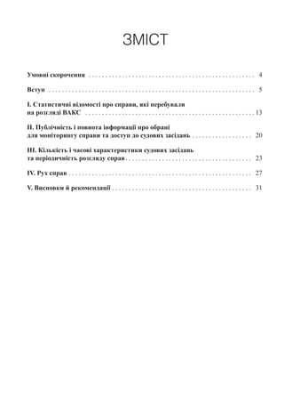 ЗМІСТ
Умовні скорочення  . .  .  .  .  .  .  .  .  .  .  .  .  .  .  .  .  .  .  .  .  .  .  .  .  .  .  .  .  .  .  .  .  .  .  .  .  .  .  .  .  .  .  .  .  .  .  .  .  .  . 4
Вступ  . .  .  .  .  .  .  .  .  .  .  .  .  .  .  .  .  .  .  .  .  .  .  .  .  .  .  .  .  .  .  .  .  .  .  .  .  .  .  .  .  .  .  .  .  .  .  .  .  .  .  .  .  .  .  .  .  .  .  .  .  .  . 5
І. Статистичні відомості про справи, які перебували
на розгляді ВАКС  .  .  .  .  .  .  .  .  .  .  .  .  .  .  .  .  .  .  .  .  .  .  .  .  .  .  .  .  .  .  .  .  .  .  .  .  .  .  .  .  .  .  .  .  .  .  .  .  .  .  . 13
ІІ. Публічність і повнота інформації про обрані
для моніторингу справи та доступ до судових засідань  .  .  .  .  .  .  .  .  .  .  .  .  .  .  .  .  .  . 20
ІІІ. Кількість і часові характеристики судових засідань
та періодичність розгляду справ .  .  .  .  .  .  .  .  .  .  .  .  .  .  .  .  .  .  .  .  .  .  .  .  .  .  .  .  .  .  .  .  .  .  .  .  .  . 23
IV. Рух справ . .  .  .  .  .  .  .  .  .  .  .  .  .  .  .  .  .  .  .  .  .  .  .  .  .  .  .  .  .  .  .  .  .  .  .  .  .  .  .  .  .  .  .  .  .  .  .  .  .  .  .  .  .  .  . 27
V. Висновки й рекомендації . .  .  .  .  .  .  .  .  .  .  .  .  .  .  .  .  .  .  .  .  .  .  .  .  .  .  .  .  .  .  .  .  .  .  .  .  .  .  .  .  .  . 31
 