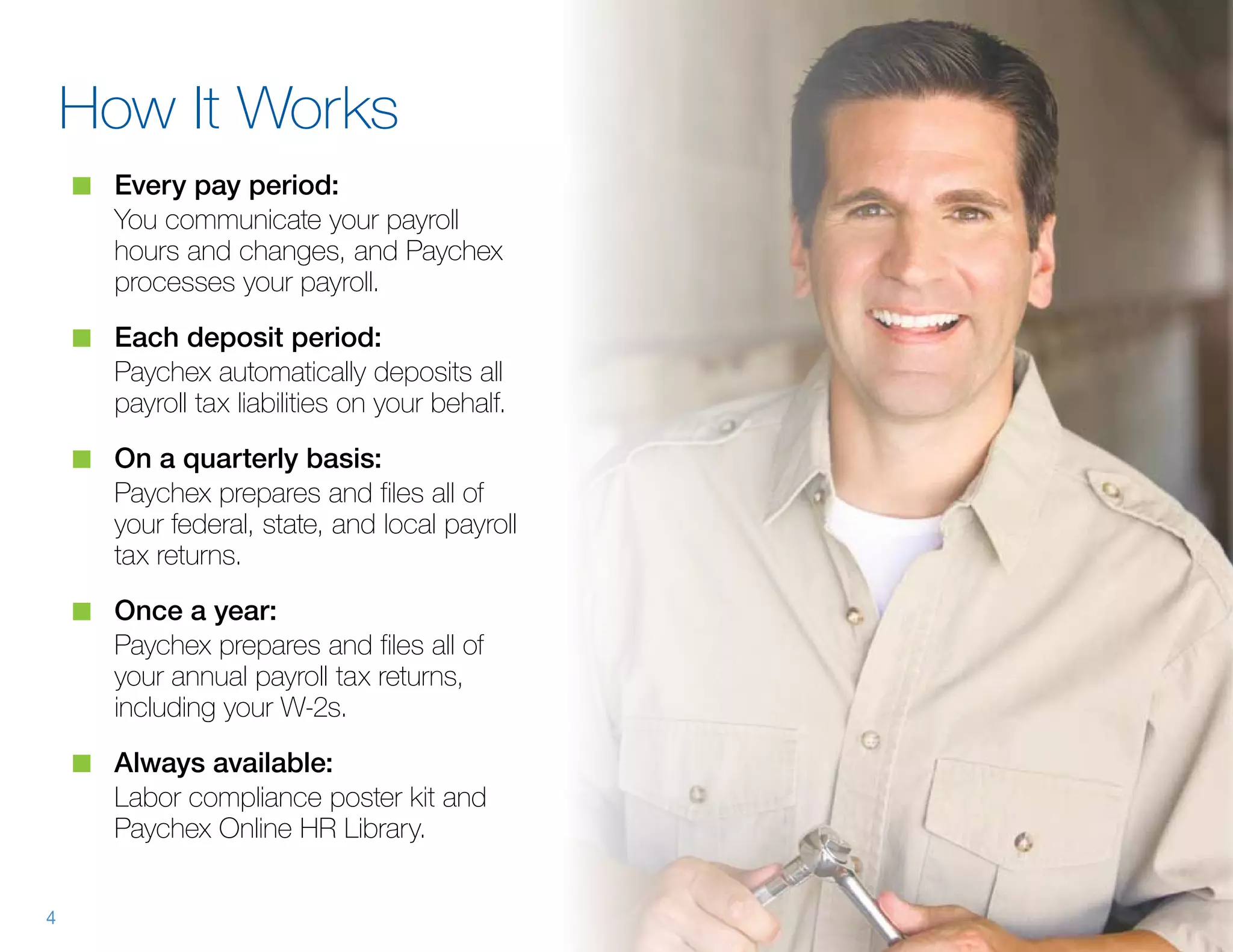 How It Works
    n	 Every pay period:
       You communicate your payroll
       hours and changes, and Paychex
       processes your payroll.
    n	 Each deposit period:
       Paychex automatically deposits all
       payroll tax liabilities on your behalf.
    n	 On a quarterly basis:
       Paychex prepares and files all of
       your federal, state, and local payroll
       tax returns.
    n	 Once a year:
       Paychex prepares and files all of
       your annual payroll tax returns,
       including your W-2s.
    n	 Always available:
       Labor compliance poster kit and
       Paychex Online HR Library.


4
 