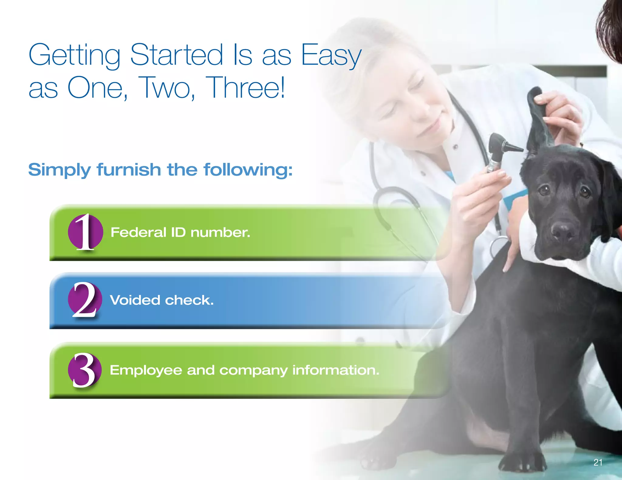 Getting Started Is as Easy
as One, Two, Three!

Simply furnish the following:


        Federal ID number.




        Voided check.




        Employee and company information.




                                            21
 