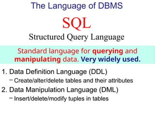 SQL
Structured Query Language
The Language of DBMS
Standard language for querying and
manipulating data. Very widely used.
1. Data Definition Language (DDL)
– Create/alter/delete tables and their attributes
2. Data Manipulation Language (DML)
– Insert/delete/modify tuples in tables
 