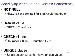 23
Specifying Attribute and Domain Constraints
• NOT NULL
NULL is not permitted for a particular attribute
• Default value
DEFAULT <value>
• CHECK clause
Dnumber > 0 AND Dnumber < 21;
• UNIQUE clause
Specifies attributes that have unique values
 