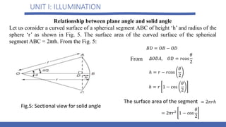 UNIT I: ILLUMINATION
Relationship between plane angle and solid angle
Let us consider a curved surface of a spherical segment ABC of height ‘h’ and radius of the
sphere ‘r’ as shown in Fig. 5. The surface area of the curved surface of the spherical
segment ABC = 2πrh. From the Fig. 5:
Fig.5: Sectional view for solid angle
From
The surface area of the segment
 