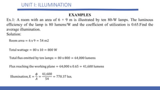 UNIT I: ILLUMINATION
EXAMPLES
Ex.1: A room with an area of 6 × 9 m is illustrated by ten 80-W lamps. The luminous
efficiency of the lamp is 80 lumens/W and the coefficient of utilization is 0.65.Find the
average illumination.
Solution:
 