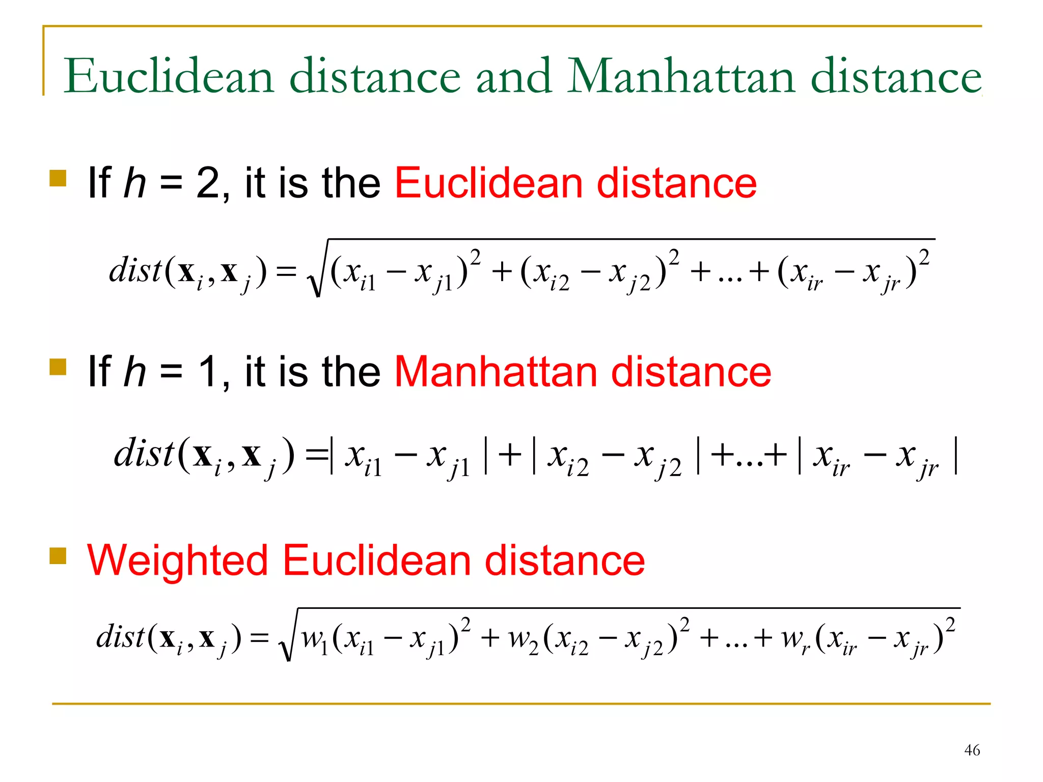 Euclidean distance and Manhattan distance 
46 
 If h = 2, it is the Euclidean distance 
 If h = 1, it is the Manhattan distance 
 Weighted Euclidean distance 
2 2 
2 2 
2 
dist(xi ,x j ) = (xi1 - x j1) + (xi - x j ) + ... + (xir - x jr ) 
dist(xi ,x j ) =| xi1 - x j1 | + | xi2 - x j2 | +...+ | xir - x jr | 
2 2 
2 2 2 
2 
dist(xi ,x j ) = w1(xi1 - x j1) + w (xi - x j ) + ... + wr (xir - x jr ) 
 
