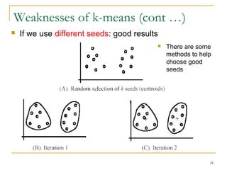 24 
Weaknesses of k-means (cont …) 
 If we use different seeds: good results 
 There are some 
methods to help 
choose good 
seeds 
 