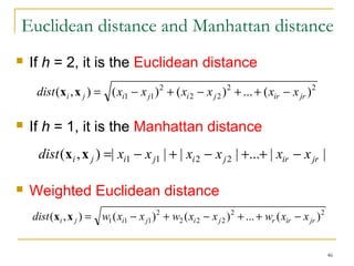 Euclidean distance and Manhattan distance 
46 
 If h = 2, it is the Euclidean distance 
 If h = 1, it is the Manhattan distance 
 Weighted Euclidean distance 
2 2 
2 2 
2 
dist(xi ,x j ) = (xi1 - x j1) + (xi - x j ) + ... + (xir - x jr ) 
dist(xi ,x j ) =| xi1 - x j1 | + | xi2 - x j2 | +...+ | xir - x jr | 
2 2 
2 2 2 
2 
dist(xi ,x j ) = w1(xi1 - x j1) + w (xi - x j ) + ... + wr (xir - x jr ) 
 