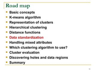 55 
Road map 
 Basic concepts 
 K-means algorithm 
 Representation of clusters 
 Hierarchical clustering 
 Distance functions 
 Data standardization 
 Handling mixed attributes 
 Which clustering algorithm to use? 
 Cluster evaluation 
 Discovering holes and data regions 
 Summary 
 