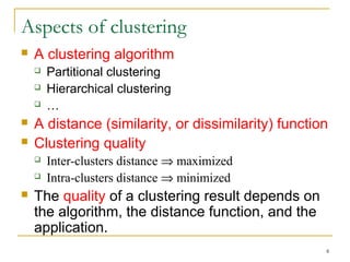8 
Aspects of clustering 
 A clustering algorithm 
 Partitional clustering 
 Hierarchical clustering 
 … 
 A distance (similarity, or dissimilarity) function 
 Clustering quality 
 Inter-clusters distance Þ maximized 
 Intra-clusters distance Þ minimized 
 The quality of a clustering result depends on 
the algorithm, the distance function, and the 
application. 
 
