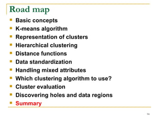 94 
Road map 
 Basic concepts 
 K-means algorithm 
 Representation of clusters 
 Hierarchical clustering 
 Distance functions 
 Data standardization 
 Handling mixed attributes 
 Which clustering algorithm to use? 
 Cluster evaluation 
 Discovering holes and data regions 
 Summary 
 