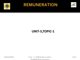 REMUNERATION
UNIT-5,TOPIC-1
14/03/2020 1/15
Unit - V HRM,R.Banu rekha,
 