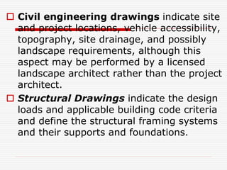  Civil engineering drawings indicate site
and project locations, vehicle accessibility,
topography, site drainage, and possibly
landscape requirements, although this
aspect may be performed by a licensed
landscape architect rather than the project
architect.
 Structural Drawings indicate the design
loads and applicable building code criteria
and define the structural framing systems
and their supports and foundations.
 