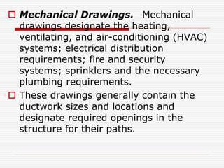  Mechanical Drawings. Mechanical
drawings designate the heating,
ventilating, and air-conditioning (HVAC)
systems; electrical distribution
requirements; fire and security
systems; sprinklers and the necessary
plumbing requirements.
 These drawings generally contain the
ductwork sizes and locations and
designate required openings in the
structure for their paths.
 