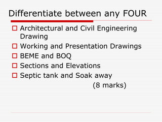 Differentiate between any FOUR
 Architectural and Civil Engineering
Drawing
 Working and Presentation Drawings
 BEME and BOQ
 Sections and Elevations
 Septic tank and Soak away
(8 marks)
 